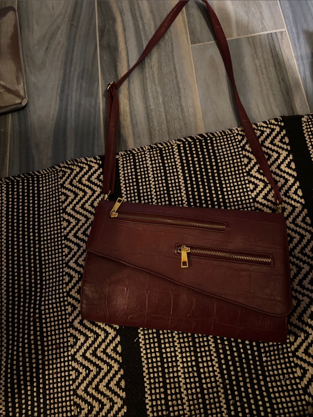 mark. Croc-Embossed Burgundy Shoulder Bag with Gold Hardware- #012